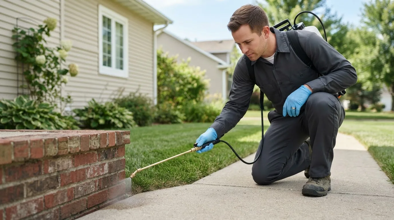 Pest control technician treating a home near Alton, IA
